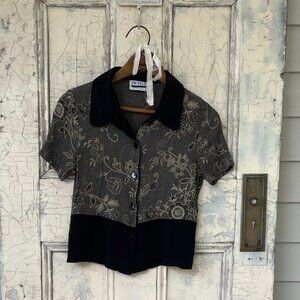 Cropped Floral Button Collared Blouse - Brown/Grey/Black (Small/Medium)